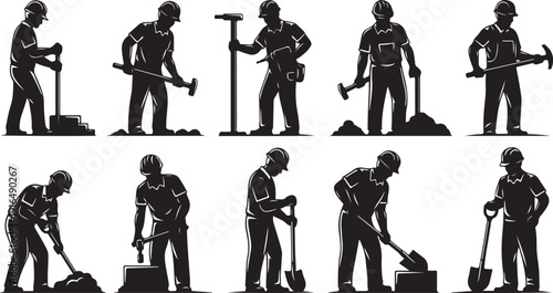 Construction worker silhouettes in various digging and building poses
