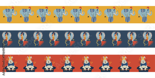 Vector circus and carnival border patterns set. Performing elephants balancing on balls, magic rabbits in top hats  and parrots jumping through hoops. Decorative elements