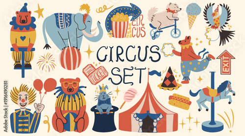 Circus and carnival vector collection of vintage hand drawn elements with performing animals, clown abd carousel horse, big top tent and fast food snacks and tickets in retro cartoon style