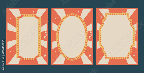 Set of three vintage vector circus or carnival poster background. Red and white sunburst rays and blank marquee light bulb frames for text in retro grunge style