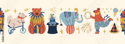 Seamless horizontal vector border pattern with circus animals including dog riding bicycle, bear in glasses, performing elephant and magic rabbit in retro cartoon style