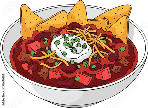 Hearty Bowl of Chili with Nachos and Sour Cream Topping.