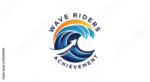 Wave Riders Achievement Logo with Ocean Wave and Rising Arrow, Isolated White Background
