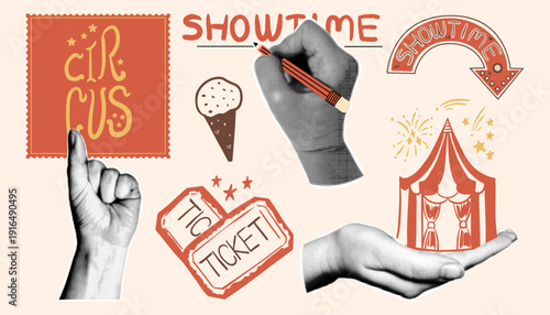 Retro collage style vector collection of vintage halftone hands holding circus tent, tickets, ice cream and postal stamp. Festival and carnival design elements.
