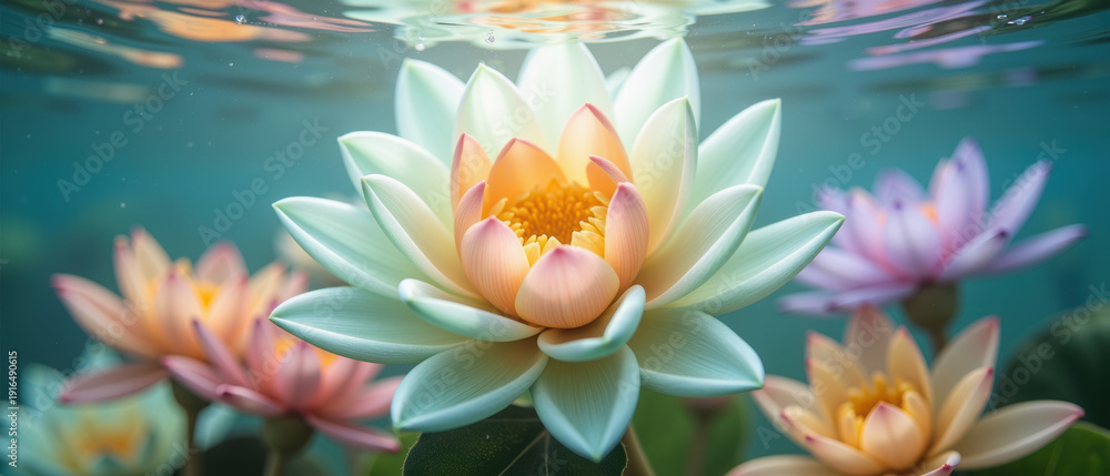 Fototapeta premium Water lily flower aquatic bloom pastel underwater nature petal serene tranquil beauty in vibrant aquatic garden