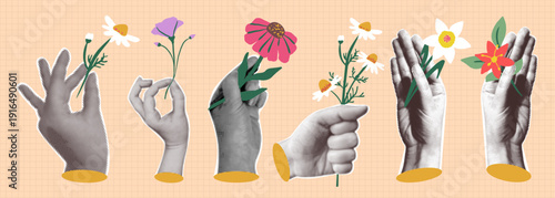 Retro collage style vector set of vintage halftone hands holding colorful blooming spring flowers and plants. Spring floral elements.