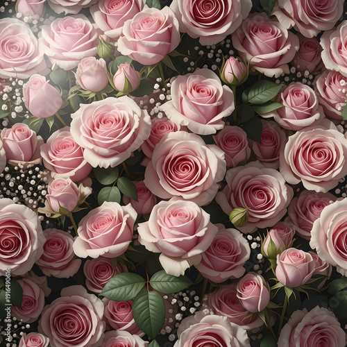 Overhead view of numerous soft pink rose blooms with dark green leaves and tiny white floral accents, creating a dense romantic floral background.