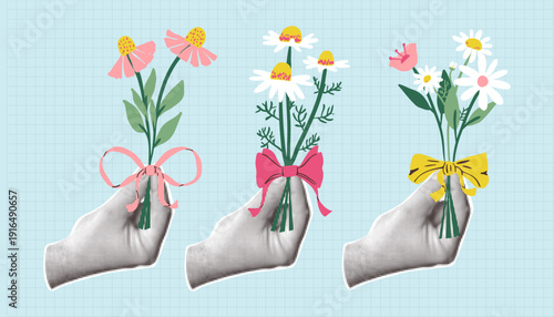 Three hands cut out of paper in dots holding bouquets of wildflowers and daisies tied with colorful ribbons on blue grid background. Retro collage style vector illustration