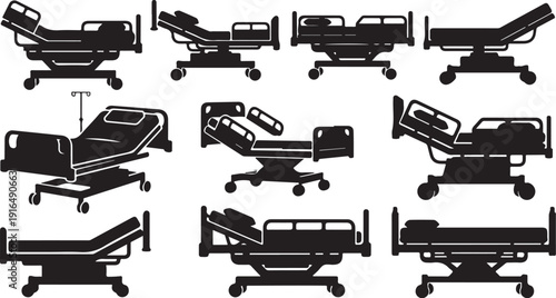 Hospital bed in various positions and settings illustration collection