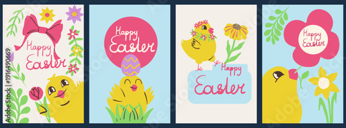 Happy Easter greeting cards, posters. Festive spring holiday vector set with cute hand drawn cartoon yellow chicks with colorful eggs, flowers, and ribbons. Trendy design covers.