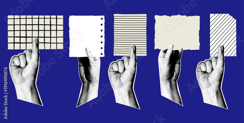 Hands cut out of paper in dots holding various empty paper sheets, notebook pages, and torn scraps for text messages on blue background. Retro collage style vector illustration