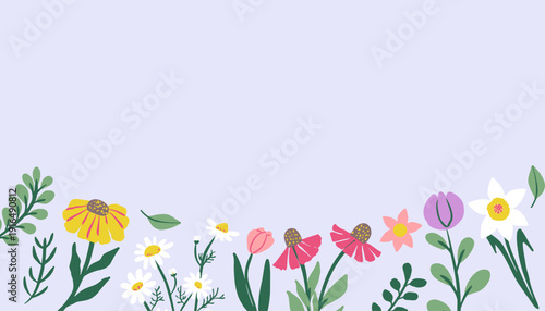 Cute hand drawn floral border background. Colorful spring wildflowers with  copy space for text.