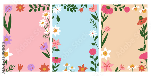 Set of three colorful floral frame backgrounds with hand drawn flowers. Greeting cards or invitation with spring wildflowers. Vertical vector template collection