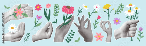 Hands in various gestures holding colorful spring flowers and green leaves. Creative retro floral collage set. Vintage pop art style vector illustration