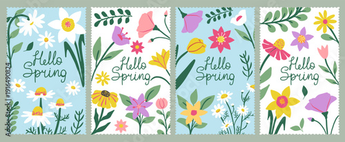 Colorful vertical postage stamps with cute hand drawn spring garden flowers. Set of daisy and daffodil with hello spring lettering on blue background. Vector greeting design
