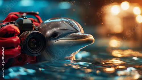 An adventurous dolphin taking photos with a camera, expressing curiosity and exploration in a watery setting