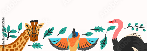 Horizontal vector banner with cute hand drawn african animals. Giraffe, ostrich and colorful bird among green leaves for safari nursery design.