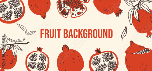 Horizontal vector banner with hand drawn pomegranate fruit with whole and half slices. Healthy food background.