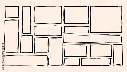 Set of rough hand drawn black rectangular frames. Vector ink brush border collection for photo collage and social media layout.