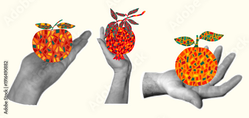 Retro halftone hands holding colorful geometric mosaic fruits, apple, pomegranate and orange. Creative poster design.