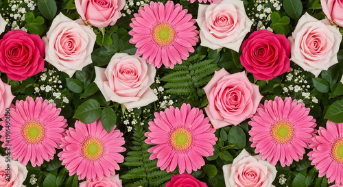 Vibrant floral background with alternating rows of fuchsia roses, light pink roses, and bright pink gerbera daisies amidst green foliage.