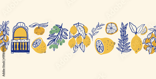 Seamless horizontal border with hand drawn Mediterranean elements. Summer vector elements,  lemons, oranges and olives and arched window.