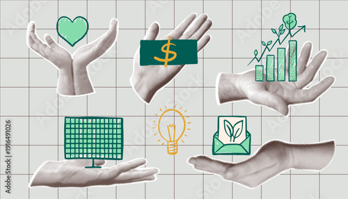 Sustainable business and green energy concept.  ESG set with retro halftone hands holding solar panel, financial growth graph, dollar and heart symbols.