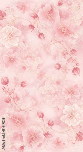 Soft pastel pink watercolor floral background with delicate cherry blossoms and subtle botanical elements, ideal for elegant wedding invitations or feminine branding.