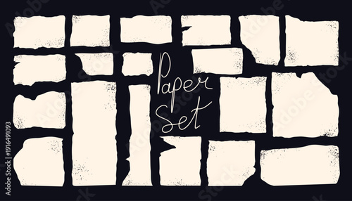 Set of torn paper pieces with grunge texture and rough ripped edges.  Vintage dirty beige scrap collection with grain noise.