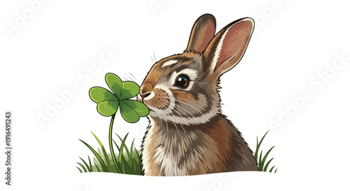 Digital illustration of a brown rabbit smelling a green four-leaf clover in grass against a white background.