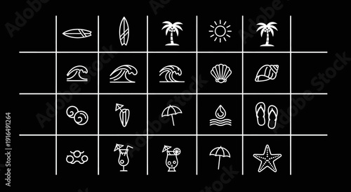 Minimalist Summer Beach and Travel Line Icons Set on Black Background