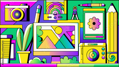 Vibrant abstract illustration of creative workspace with computer camera pencils and colorful art supplies on a purple green background with artistic elements