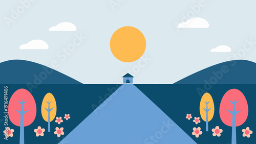 Colorful countryside road leading into hills with house and trees under sunny sky