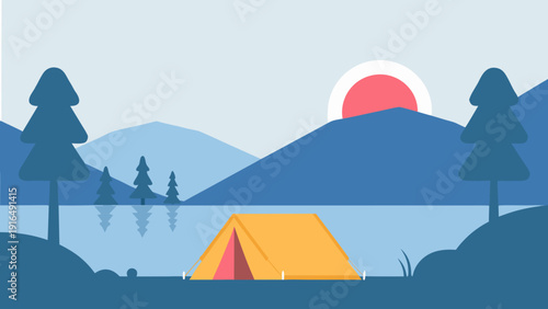 Serene camping scene with yellow tent near calm lake at sunset surrounded by pine trees and majestic mountains