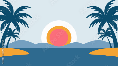 Minimalist tropical island scene with palm trees at sunset over calm waters and distant mountains
