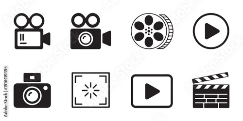 Video production icons featuring cinema reels film clappers play buttons and broadcast equipment silhouettes