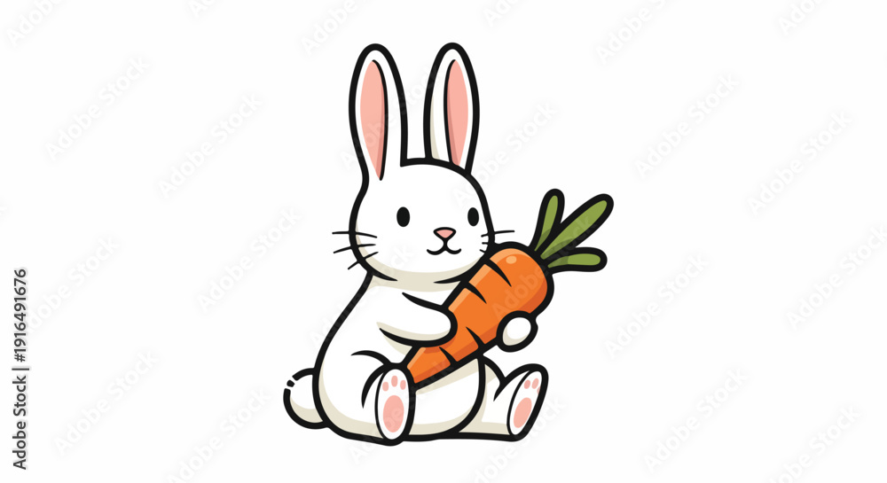 Obraz premium A cute cartoon rabbit sitting and holding a large carrot with green leaves on a plain white background.