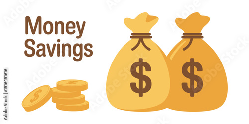 Money savings concept with two bags and coins on white background