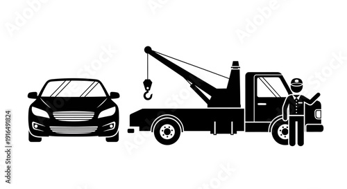Tow truck driver standing next to car and tow truck vehicle  roadside assistance service
