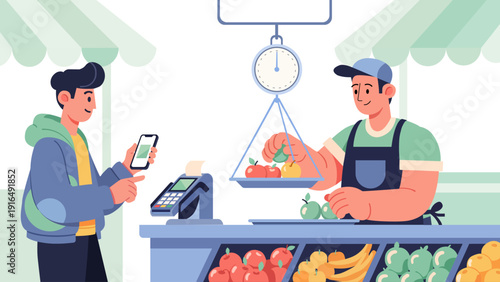 Customer Paying Fruit Vendor With Smartphone At Market Stand Flat Vector Illustration