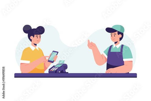 Customer Paying Cashier Via Contactless Smartphone at Retail Counter Flat Vector