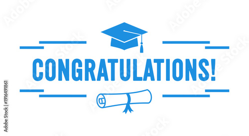 Congratulations message with graduation cap and diploma on white background
