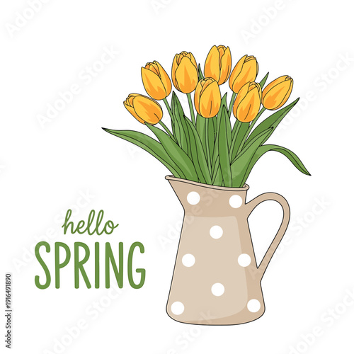 Yellow tulips in a beige polka dot vase with hello spring text