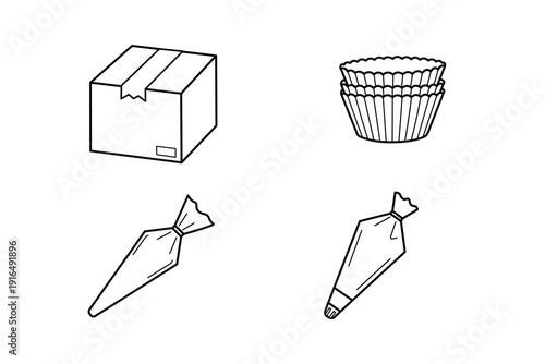 Baking Essentials Icon Set Featuring Pastry Bags Cupcake Liners and Packaging Box Line Art