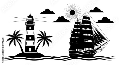 Black and white illustration of lighthouse island with palm trees and sailing ship