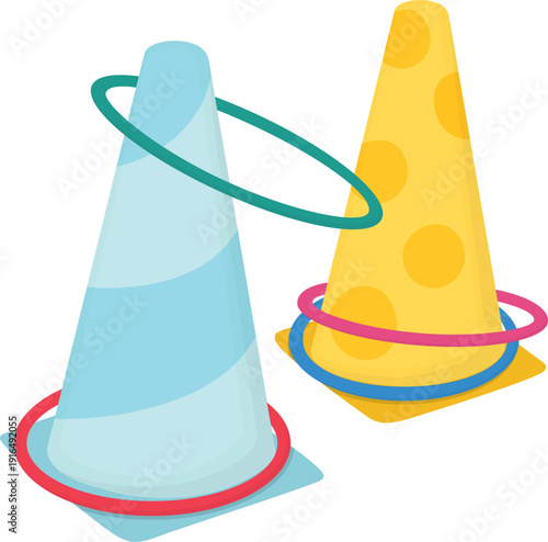 Illustration of Ring toss game isolated on white. Bright plastic cones and rings for fun outdoor activity
