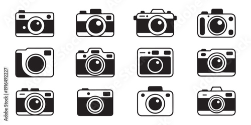 Camera icons, photography equipment, photo device, dslr and compact camera symbols, professional tools