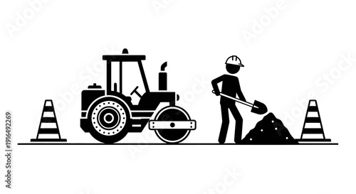 Construction worker with tractor and road cones on a site