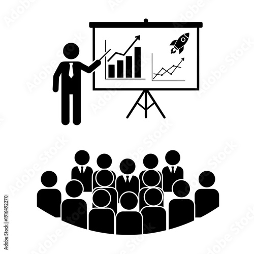 Businessman giving presentation to audience with graphs and charts on screen