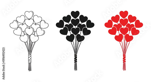 Heart shaped balloons in bouquets of different colors on white background